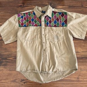 Men’s VTG XL IvanHoe button down- Khaki w/colorful design